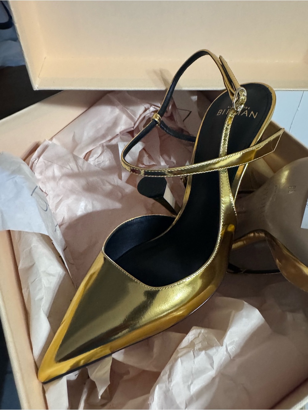 Alexandre Birman Metallic Gold Pointed Slingback Heels New!